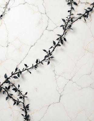 The primary subject of the image is a black and white photo of a branch with green leaves. The branch is positioned in the center of the photo, and the leaves are spread out, creating a sense of depth and dimension. The setting is a white marble wall, which serves as the background for the photograph. The visual style is a black and white photo, giving the image a classic and timeless appearance. The colors and mood of the image are predominantly black and white, with the green leaves adding a touch of color and