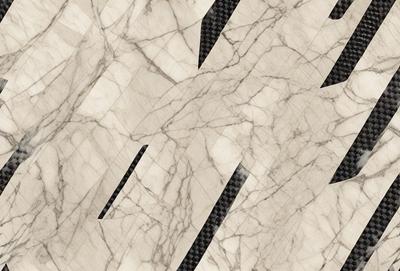 The primary subject of the image is a marble surface with a black and white pattern. The setting is a marble countertop, and the visual style is a combination of a photo and digital art. The colors and mood of the image are predominantly black and white, giving it a classic and elegant appearance.