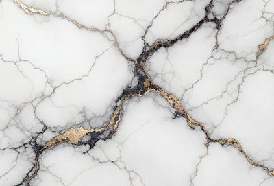 The primary subject of the image is a marble countertop with a gold-colored design. The setting is a kitchen, and the visual style is a close-up of the marble countertop. The colors and mood of the image are predominantly white and gold, giving it a luxurious and elegant appearance.