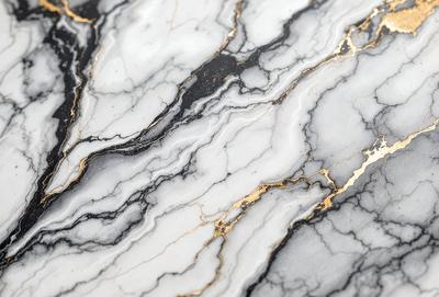 The primary subject of the image is a marble countertop with a gold-colored vein running through it. The setting is a kitchen or bathroom, as the countertop is a part of the design. The visual style is a close-up of the marble countertop, showcasing its unique vein pattern. The colors and mood of the image are elegant and sophisticated, with the gold vein adding a touch of luxury to the marble surface.