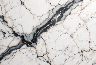 The primary subject of the image is a marble countertop with a gold streak running through it. The setting is a kitchen or bathroom, as the countertop is a part of the design. The visual style is a close-up of the marble countertop, showcasing its unique features. The colors and mood of the image are predominantly neutral, with the gold streak adding a touch of warmth and sophistication.