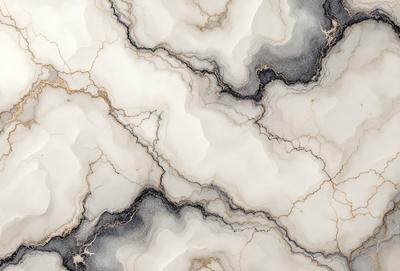 The primary subject of the image is a marble-like surface with a pattern of black and white. The setting is a white marble countertop, and the visual style is a close-up of the marble pattern. The colors and mood of the image are predominantly black and white, giving it a classic and elegant appearance.