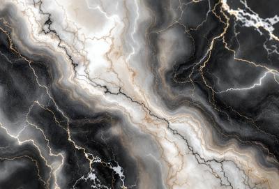 The primary subject of the image is a marble countertop with a unique pattern. The setting is a kitchen, and the visual style is a close-up of the marble countertop. The colors and mood of the image are predominantly black and white, giving it a classic and elegant appearance.