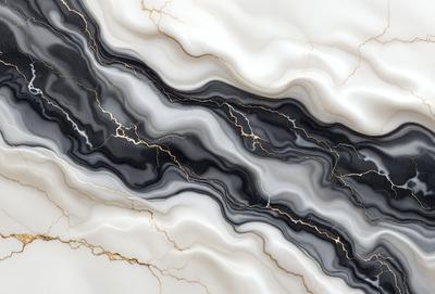 The primary subject of the image is a marble countertop with a black and white pattern. The setting is a kitchen, and the visual style is a close-up of the marble countertop. The colors and mood of the image are predominantly black and white, giving it a classic and elegant appearance.