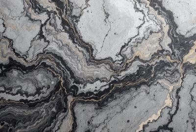The primary subject of the image is a close-up of a marble surface with a pattern of swirls and intricate designs. The setting is a stone countertop, and the visual style is a photo. The colors and mood of the image are predominantly dark, with the marble surface providing a contrasting texture.