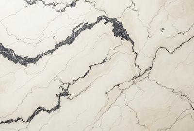 The image features a marble countertop with a white and black pattern. The countertop has a white background with black veins, giving it a unique and elegant appearance. The marble countertop is likely a part of a kitchen or bathroom design, adding a touch of sophistication and luxury to the space.