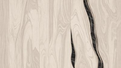 The primary subject of the image is a wooden floor with a unique and intricate pattern. The setting is a room with a wooden floor, and the visual style appears to be a combination of a photo and a drawing. The colors and mood of the image are predominantly brown and black, giving it a warm and sophisticated atmosphere.