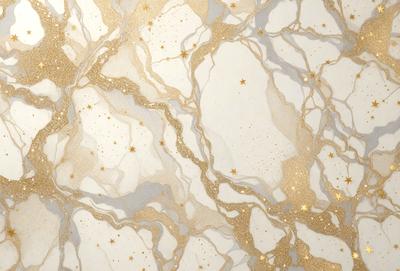 The primary subject of the image is a marble wall with a gold star pattern. The setting is a room with a white marble wall, and the visual style is a close-up of the wall. The colors and mood of the image are predominantly white and gold, creating a luxurious and elegant atmosphere.