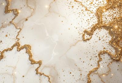 The primary subject of the image is a marble wall with a gold star pattern. The setting is a room with a white marble surface. The visual style is a combination of a photo and digital art, creating a unique and eye-catching design. The dominant colors are gold and white, giving the wall a luxurious and elegant appearance.