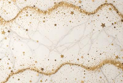 The primary subject of the image is a marble wall with a gold star pattern. The setting is a white marble wall, and the visual style is a combination of photo and digital art. The dominant colors are gold and white, creating a warm and elegant atmosphere.