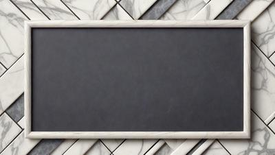 The primary subject of the image is a large, empty chalkboard. The setting is a white marble countertop, which serves as the background. The visual style is a photo, capturing the chalkboard and the marble countertop in detail. The colors and mood of the image are predominantly white, giving it a clean and minimalist appearance.