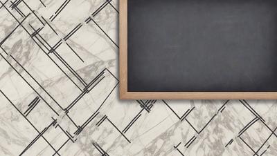 The primary subject of the image is a chalkboard with a blackboard frame. The setting is a wall with a marble pattern, and the visual style is a photo. The colors and mood of the image are predominantly black and white, giving it a classic and timeless appearance.