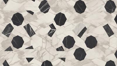 The primary subject of the image is a pattern of black and white hexagons on a marble surface. The setting is a marble floor, and the visual style is a combination of a photo and digital art. The dominant colors are black and white, and the overall atmosphere is elegant and sophisticated.