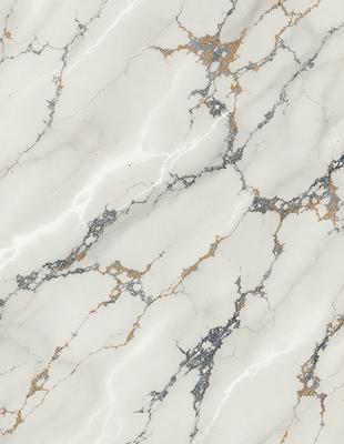 The primary subject of the image is a marble wall with a white and gold color scheme. The setting is a room with a white marble floor, and the visual style is a close-up of the marble wall. The colors and mood of the image are elegant and sophisticated, with the white marble providing a clean and refined appearance.