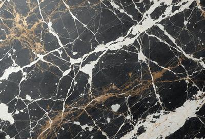 The primary subject of the image is a marble countertop with a black and gold pattern. The setting is a kitchen, and the visual style is a close-up of the countertop. The dominant colors are black and gold, creating a luxurious and elegant atmosphere.