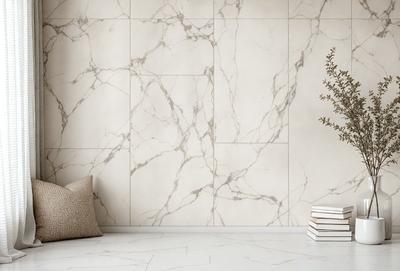 The primary subject of the image is a marble wall with a white background. The setting is a room with a white table and a potted plant. The visual style is a photo, and the colors and mood are predominantly white and neutral, creating a clean and elegant atmosphere.