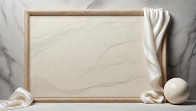 The primary subject of the image is a marble-like surface, which appears to be a painting or drawing. The setting is a white background, and the visual style is a combination of photo and digital art. The colors and mood of the image are predominantly white, giving it a clean and minimalist appearance.
