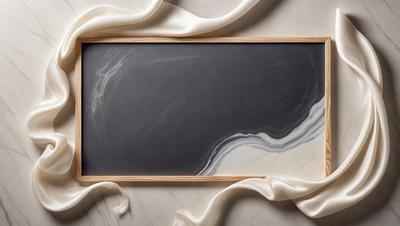 The primary subject of the image is a marble table with a wooden frame. The table is adorned with a marble slab, which is the main object of the scene. The setting is a room with a white marble countertop, and the visual style is a combination of photo and digital art. The colors and mood of the image are predominantly white and neutral, creating a clean and elegant atmosphere.