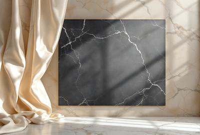 The primary subject of the image is a black and white marble-like wallpaper. The setting is a room with a marble wall, and the visual style is a photo. The colors and mood of the image are predominantly black and white, giving it a classic and elegant appearance.