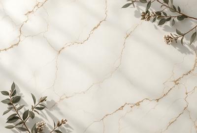 The primary subject of the image is a marble wall with a gold-like texture. The setting is a room with a window, and the visual style is a photo. The colors and mood of the image are predominantly white and gold, creating a luxurious and elegant atmosphere.