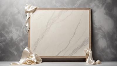 The primary subject of the image is a framed piece of marble, which is displayed on a wooden frame. The setting is a table, and the visual style is a photo. The colors and mood of the image are predominantly white, giving it a clean and elegant appearance.