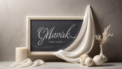 The primary subject of the image is a framed piece of artwork, which features the name "Marik" written in cursive. The setting is a white table, and the visual style appears to be a combination of a photo and a drawing. The colors in the image are predominantly white, giving it a clean and elegant appearance. The overall mood of the image is sophisticated and artistic.