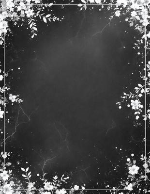 The primary subject of the image is a black and white drawing of a blank canvas with a few white flowers. The setting is a black background, and the visual style is a combination of digital art and illustration. The colors are predominantly black and white, creating a classic and timeless atmosphere.