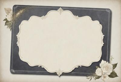 The primary subject of the image is a decorative card with a white frame and a blue background. The card features a gold border and a floral design. The setting is a table, and the visual style is a combination of digital art and illustration. The dominant colors are white, blue, and gold, creating a sophisticated and elegant atmosphere.