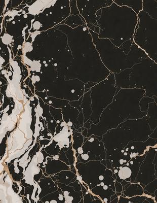 The primary subject of the image is a black and white marble-like surface with a gold-like texture. The setting is a dark background, which contrasts with the marble-like surface. The visual style is a combination of a photo and digital art, creating a unique and intriguing appearance. The colors and mood of the image are predominantly dark, with the gold-like texture adding a touch of warmth and sophistication.