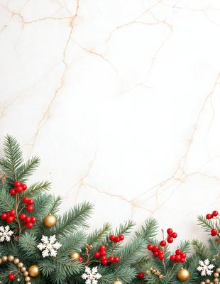 The primary subject of the image is a Christmas tree decorated with ornaments and berries. The tree is adorned with a variety of berries, including red and white ones, and gold ornaments. The setting is a white marble wall, which serves as the background for the tree. The visual style of the image is a combination of a photo and digital art, creating a festive and elegant atmosphere. The colors and mood of the image are predominantly red, white, and gold, reflecting the warmth and