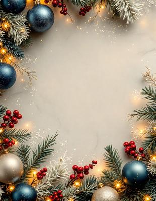 The primary subject of the image is a white frame with a blank canvas. The setting is a Christmas-themed background, featuring a tree with ornaments and berries. The visual style is a combination of digital art and illustration, creating a festive and holiday atmosphere. The colors are predominantly white, red, and green, which are associated with Christmas.