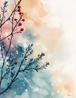 The primary subject of the image is a tree with red berries on it. The tree is surrounded by a blue sky, which serves as the background. The visual style of the image is a combination of digital art and illustration, creating a vibrant and lively atmosphere. The colors and mood of the image are predominantly blue and red, with the red berries adding a touch of warmth to the overall scene.