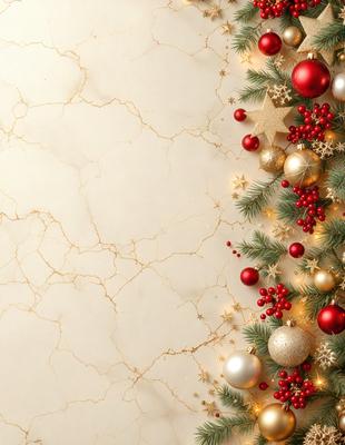 The primary subject of the image is a marble wall with a Christmas tree decoration on it. The setting is a room with a white marble wall, and the visual style is a combination of a photo and digital art. The colors and mood of the image are festive and joyful, with the Christmas tree decoration adding a touch of warmth and celebration to the scene.