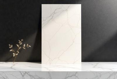 The primary subject of the image is a white marble countertop. The setting is a dark room, and the visual style is a photo. The countertop has a marble texture, and the overall atmosphere is elegant and sophisticated.