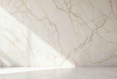The primary subject of the image is a white marble wall with a pattern of veins. The setting is a room with a white floor, and the visual style is a photo. The colors and mood of the image are predominantly white, giving it a clean and elegant appearance.