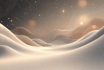 The primary subject of the image is a beautifully rendered landscape featuring a mountain range with a starry night sky. The setting is a snowy mountain range, and the visual style is a combination of photo and digital art. The colors and mood of the image are predominantly white, giving it a serene and peaceful atmosphere.
