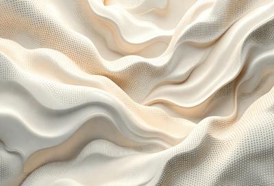 The primary subject of the image is a white, textured surface that resembles a wave or a flowing waterfall. The setting is a white background, which creates a clean and minimalist appearance. The visual style is a combination of photo and digital art, as the image has a slightly blurred and textured look. The dominant colors are white and beige, giving the image a calm and serene atmosphere.