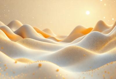 The primary subject of the image is a mountainous landscape with a sunset in the background. The setting is a white, textured surface that gives the impression of a snowy mountain. The visual style is a combination of photo and digital art, creating a unique and captivating scene. The colors and mood of the image are warm and serene, with the sunset casting a golden glow over the mountain range.