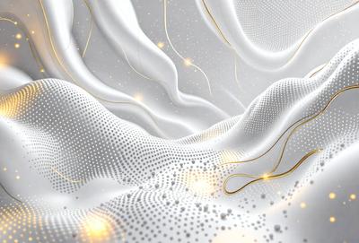 The primary subject of the image is a white, textured surface with gold accents. The setting is a white background, and the visual style is a combination of digital art and illustration. The dominant colors are white and gold, creating a clean and elegant atmosphere.