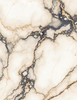 The primary subject of the image is a marble countertop with a gold-colored vein running through it. The setting is a kitchen, and the visual style is a close-up of the marble countertop. The colors and mood of the image are predominantly white and gold, giving it a luxurious and elegant appearance.