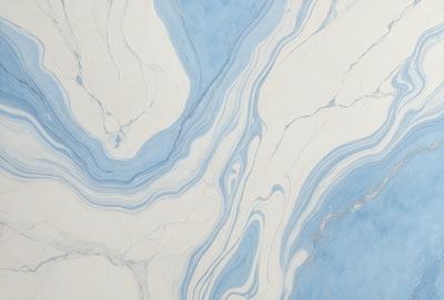 The primary subject of the image is a blue and white marble tile. The setting is a white wall, and the visual style is a close-up of the tile. The dominant colors are blue and white, creating a calm and serene atmosphere.