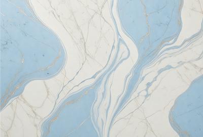 The primary subject of the image is a marble tile with a blue and white pattern. The setting is a bathroom, as indicated by the presence of a sink. The visual style is a close-up of the marble tile, showcasing its intricate design. The dominant colors are blue and white, creating a clean and elegant atmosphere.