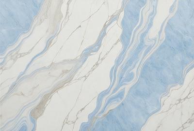 The primary subject of the image is a marble tile with a blue and white pattern. The setting is a wall, and the visual style is a close-up of the tile. The dominant colors are blue and white, creating a calm and sophisticated atmosphere.