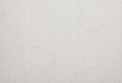 The primary subject of the image is a white marble wall with a pattern of white and grey stripes. The setting is a room with a white marble wall as the main focus. The visual style is a close-up of the marble wall, showcasing its texture and pattern. The colors and mood of the image are predominantly white and grey, giving it a clean and elegant appearance.