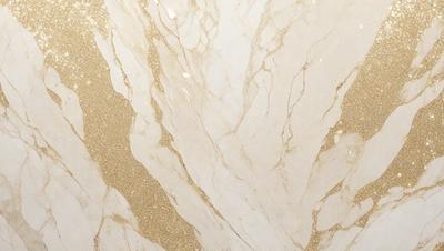 The primary subject of the image is a marble wall with a gold-colored pattern. The setting is a room with a white background. The visual style is a close-up of the marble wall, showcasing its intricate design. The colors and mood of the image are warm and elegant, with the gold pattern and white background creating a luxurious and sophisticated atmosphere.