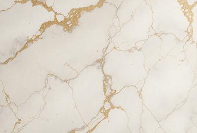 The primary subject of the image is a marble wall with a gold-colored pattern. The setting is a white marble surface, which serves as the background. The visual style is a close-up of the marble wall, showcasing the intricate gold pattern. The colors and mood of the image are predominantly white and gold, creating a luxurious and elegant atmosphere.