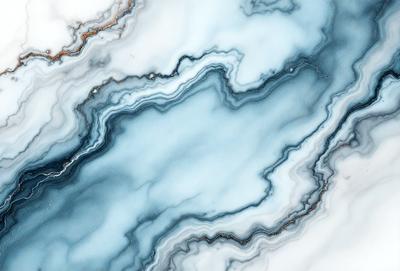 The primary subject of the image is a marble-like pattern, which is the main object, scene, or focus of the image. The setting is a white marble countertop, and the visual style is a photo. The colors and mood of the image are predominantly blue, creating a calm and serene atmosphere.