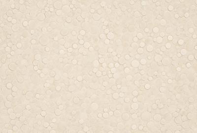 The primary subject of the image is a white tile with a pattern of white circles on it. The setting is a wall, and the visual style is a close-up of the tile. The dominant colors are white, and the overall atmosphere is clean and simple.