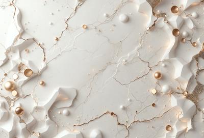 The primary subject of the image is a white marble surface with gold accents. The setting is a white marble wall, and the visual style is a combination of photo and digital art. The colors and mood of the image are predominantly white and gold, creating a luxurious and elegant atmosphere.