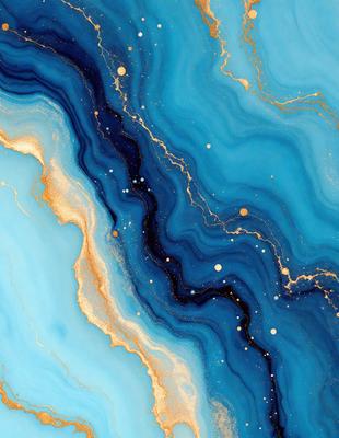 The primary subject of the image is a blue and gold swirling pattern, which appears to be a painting or a digital artwork. The setting is a blue and gold background, which complements the main subject. The visual style is a mix of digital art and painting, creating a unique and eye-catching piece. The dominant colors are blue and gold, giving the image a vibrant and lively atmosphere.